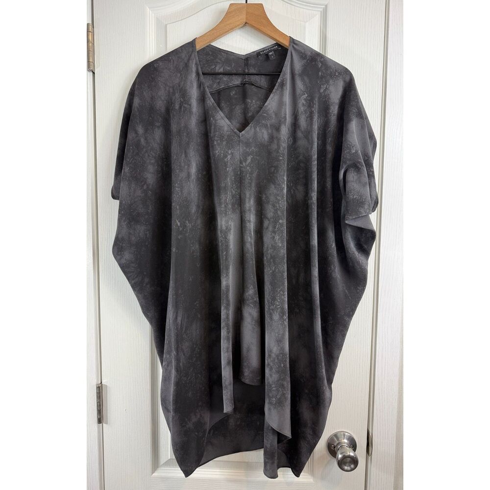 Eileen Fisher 100% Silk Gray Abstract Print Kimono Poncho Top Womens Small